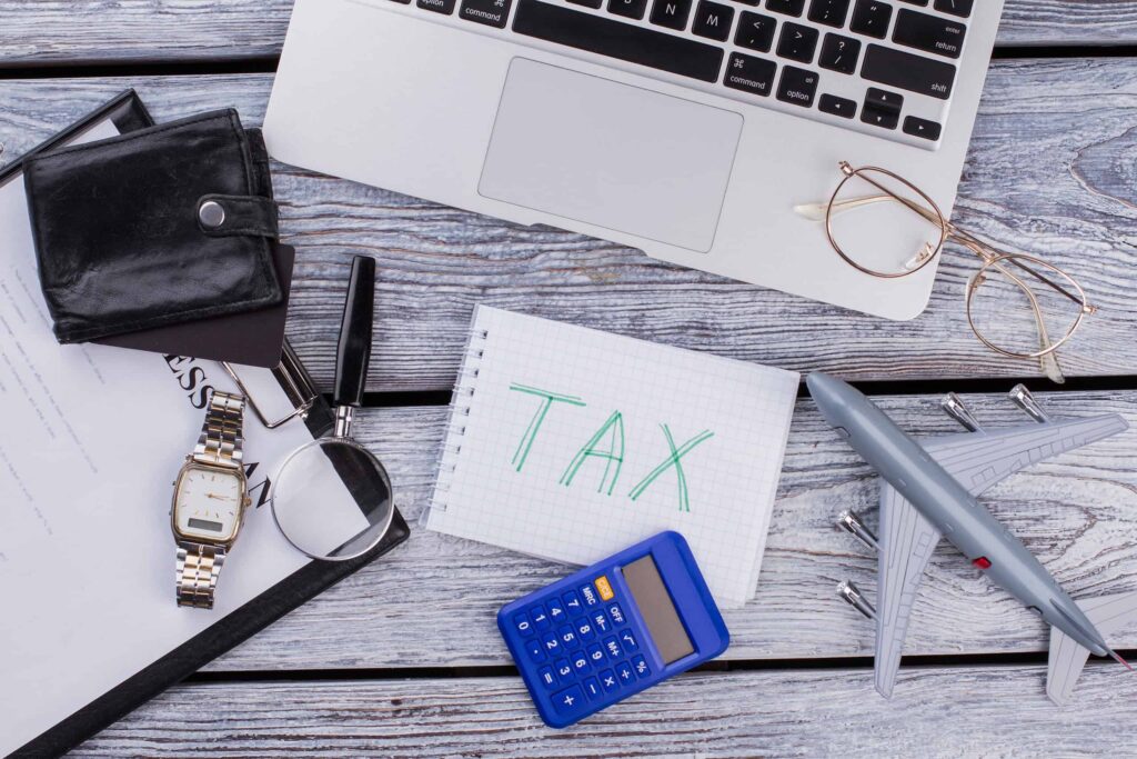 International internet business tax concept. Top view flat lay.